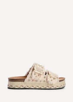 Linzi Bahama Beige Diamante Studded Double Buckle Flatform Slider Sandal