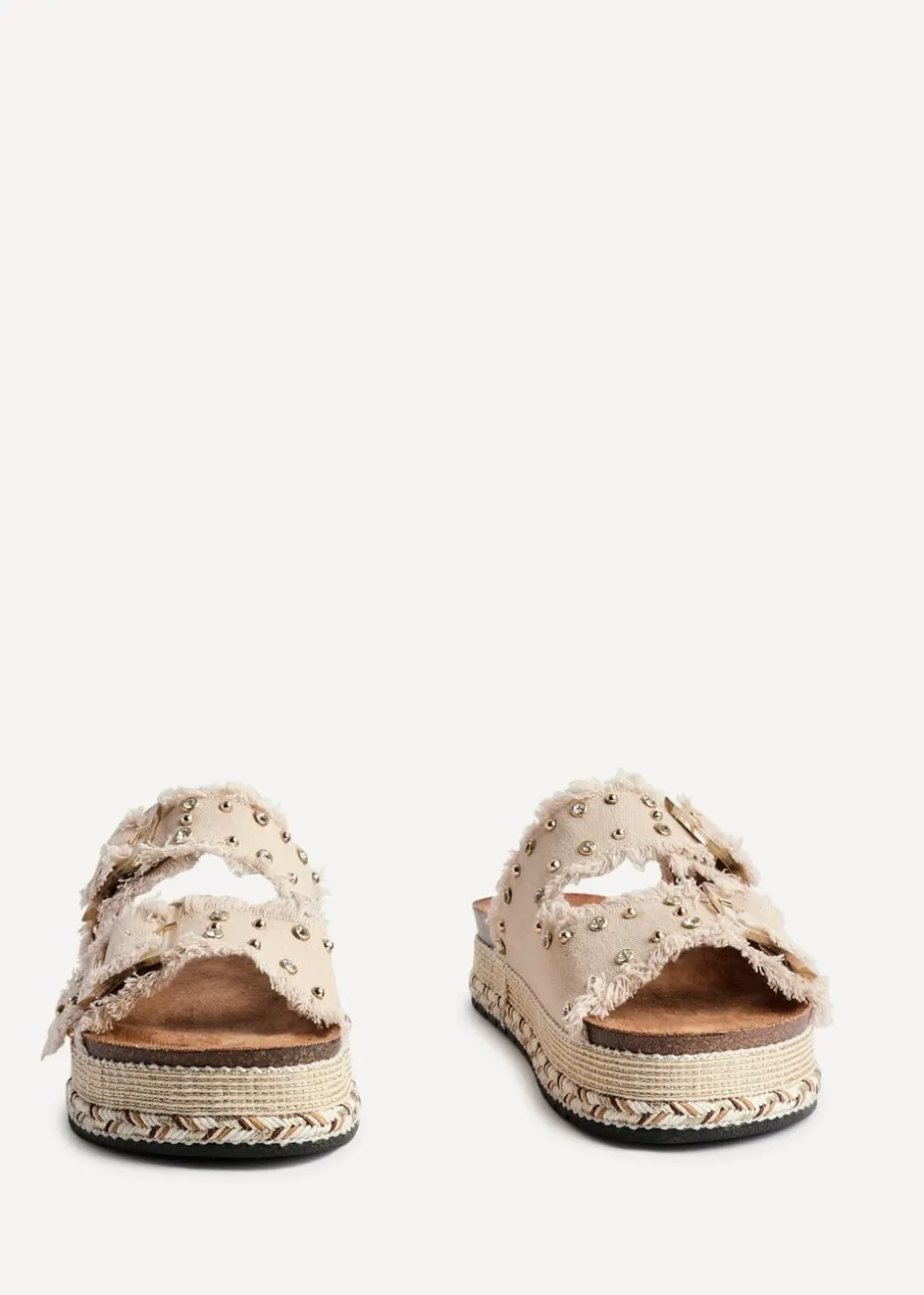 Linzi Bahama Beige Diamante Studded Double Buckle Flatform Slider Sandal
