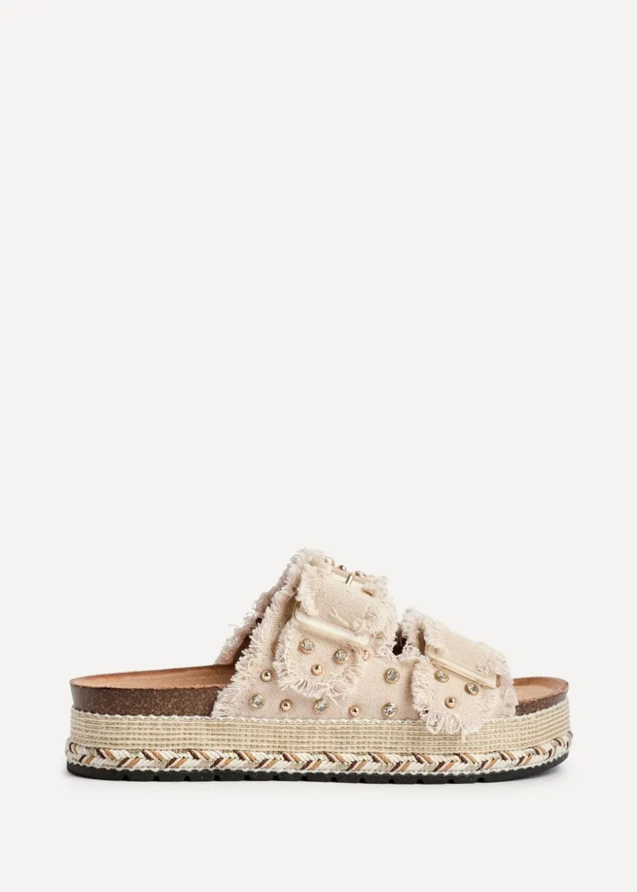 Linzi Bahama Beige Diamante Studded Double Buckle Flatform Slider Sandal