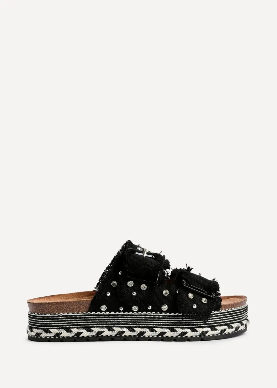 Linzi Bahama Black Diamante Studded Double Buckle Flatform Slider Sandal