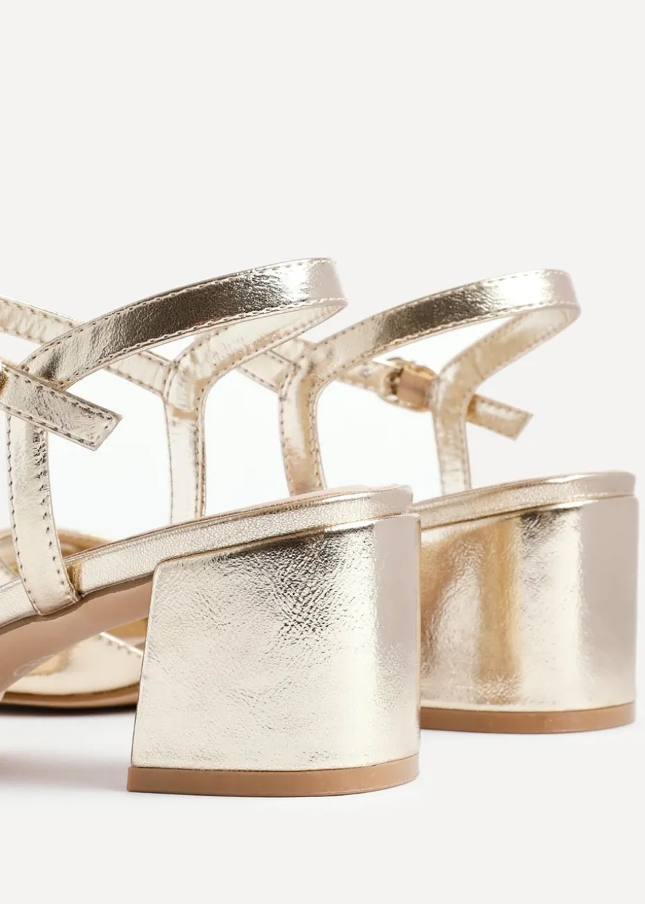 Linzi Darlene Gold Faux Leather Low Block Heeled Sandals