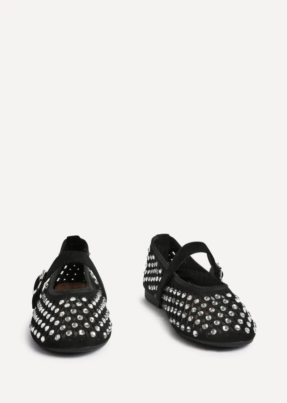 Linzi Delicate Black Suede Diamante Embellished Ballet Pumps