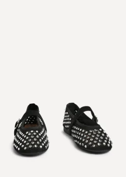Linzi Delicate Black Suede Diamante Embellished Ballet Pumps