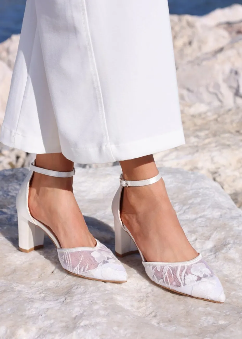 Linzi Essence Ivory Satin Floral Lace Block Court Heel
