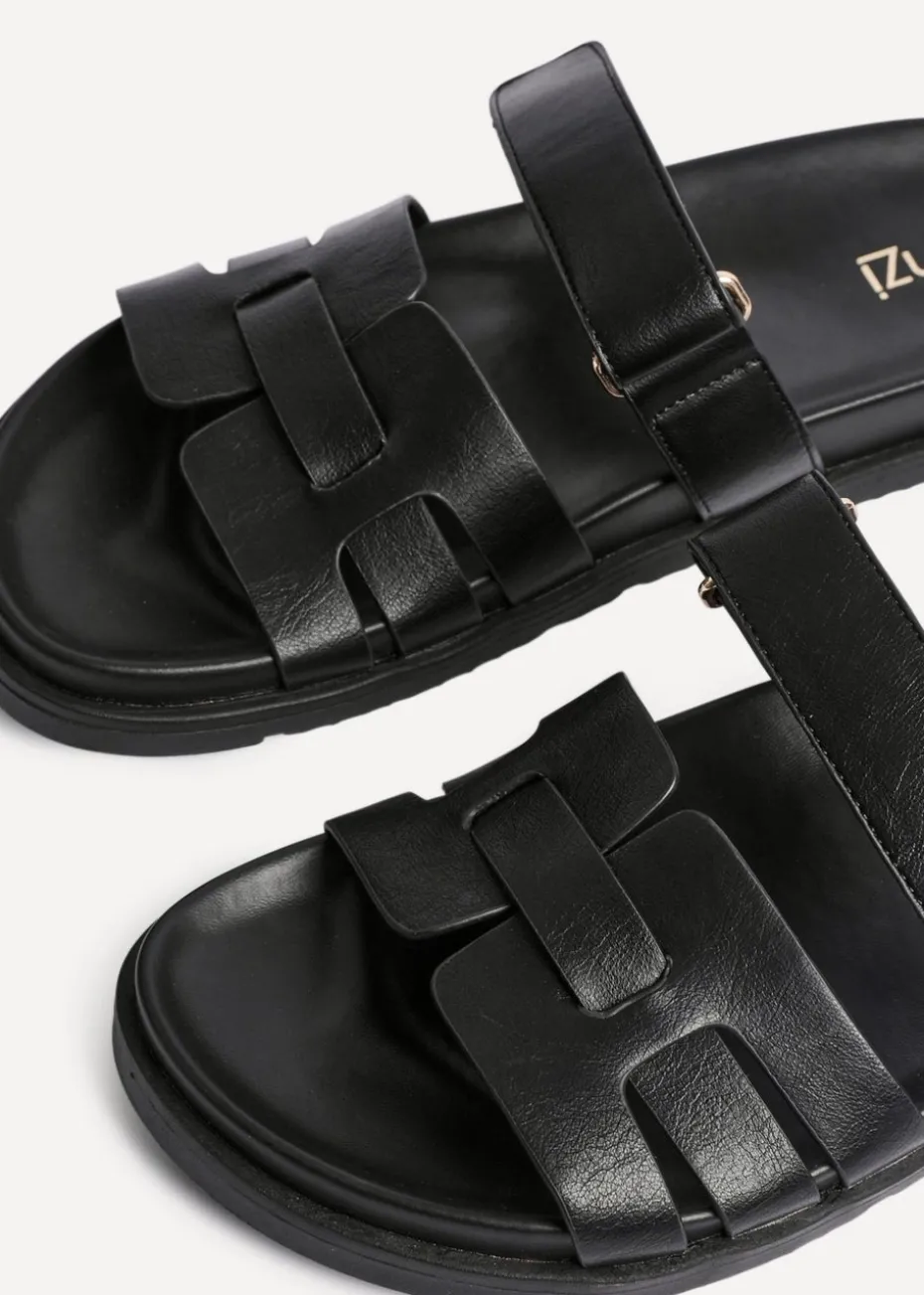 Linzi Essential Black Faux Leather Slip On Sandal