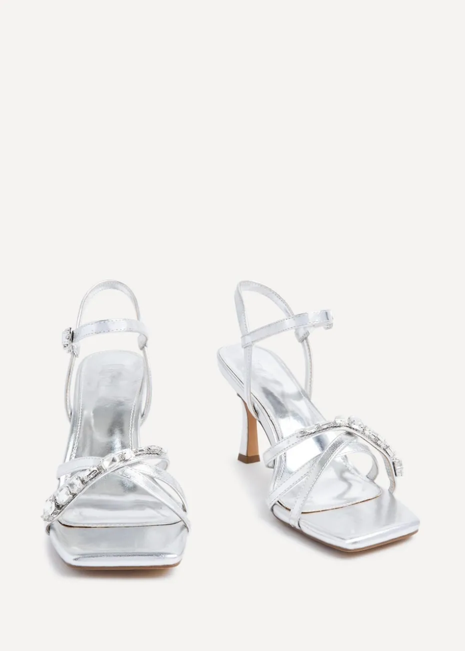 Linzi Eva Silver Faux Leather Diamante Embellished Heels