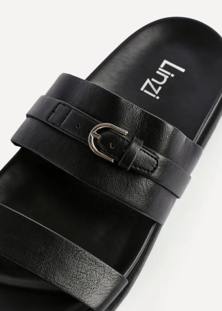 Linzi Ezra Black Faux Leather Flat Slider Sandals