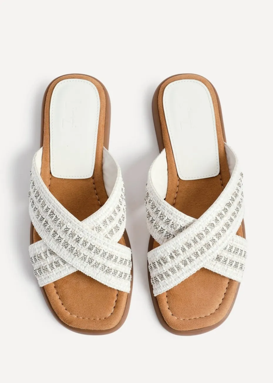 Linzi Genie White Embellished Raffia Flat Slider Sandal