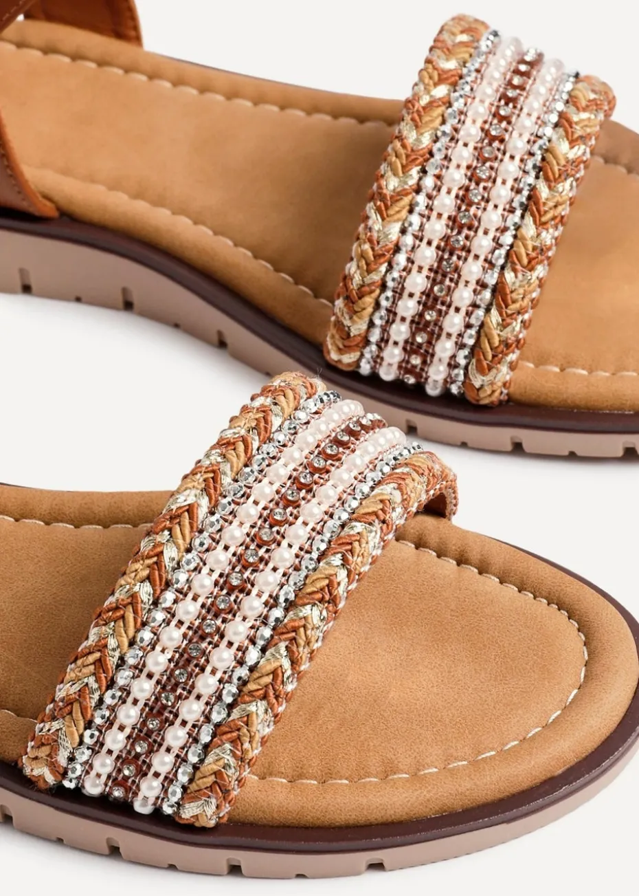 Linzi Halo Tan Weaved Embellished Flat Sandals