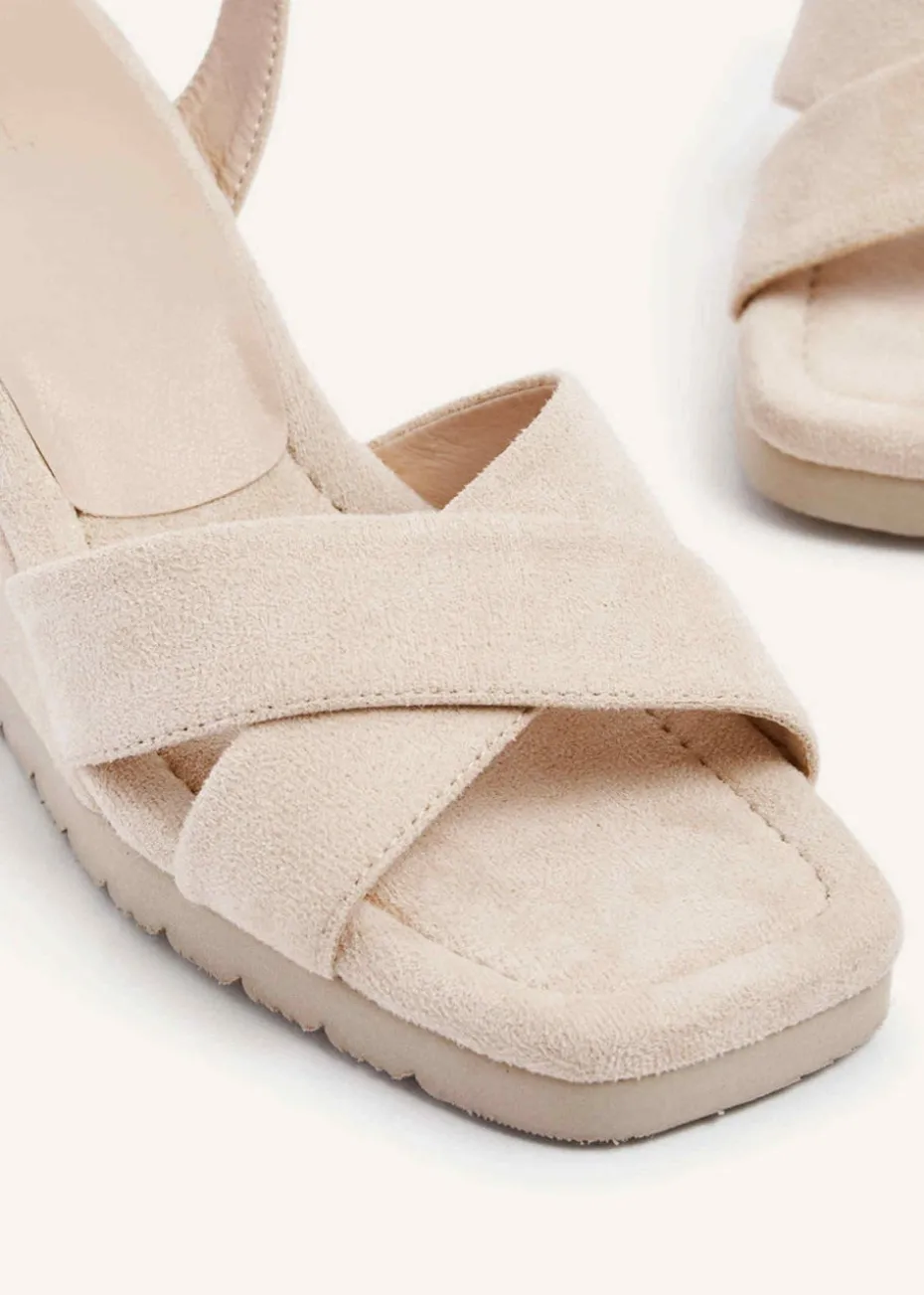 Linzi Imogen Beige Faux Suede Covered Crossover Wedge