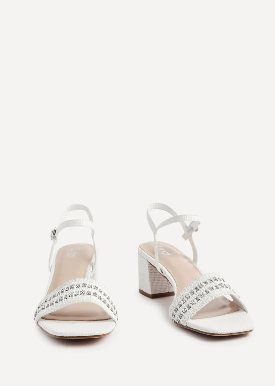Linzi Indie White Raffia Diamante Block Heeled Sandal