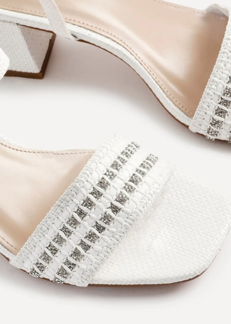 Linzi Indie White Raffia Diamante Block Heeled Sandal