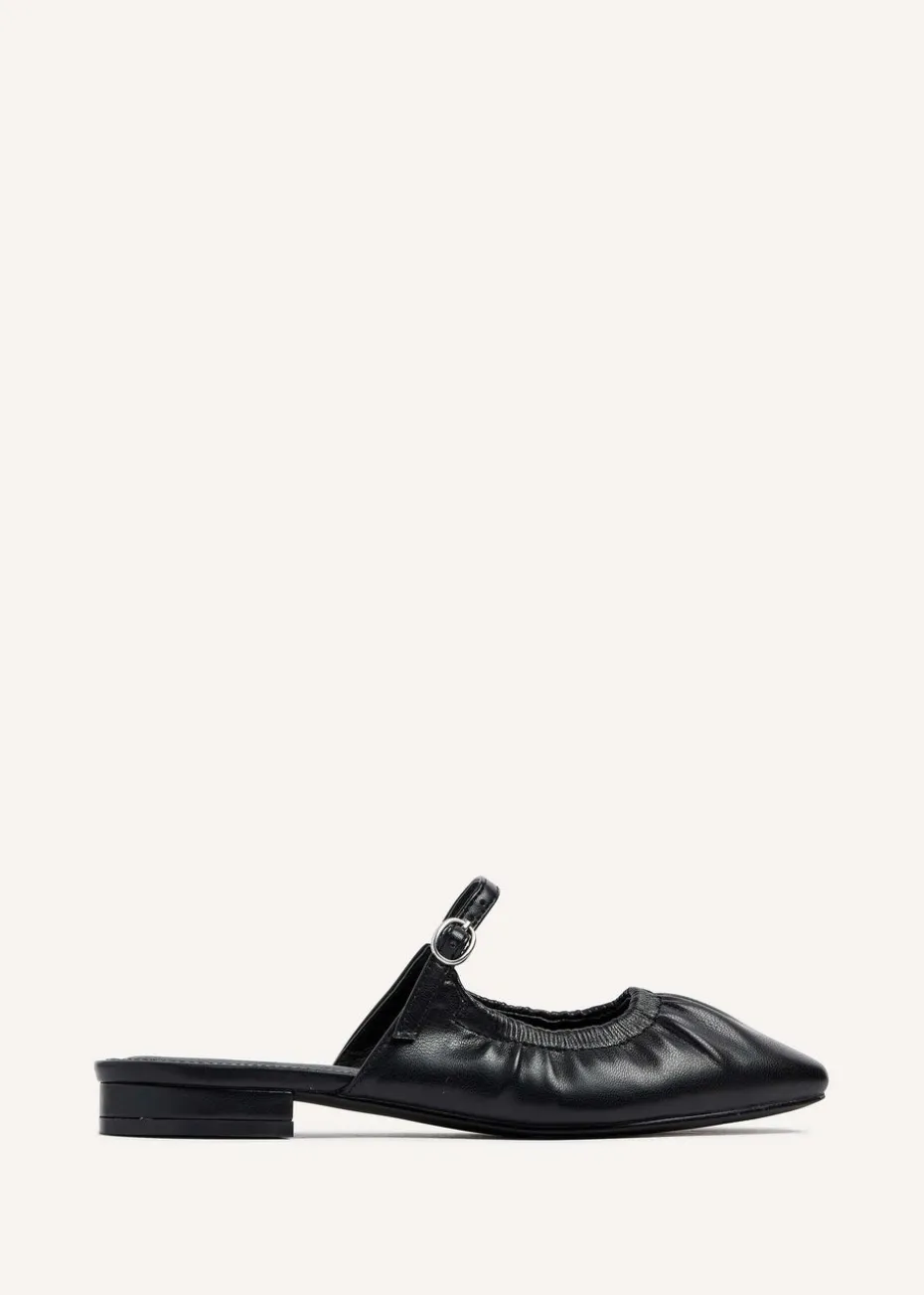 Linzi Isadora Black Faux Leather Ruched Front Open Toe Mary Jane Mule