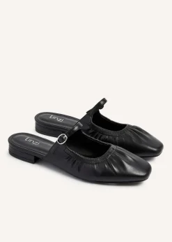 Linzi Isadora Black Faux Leather Ruched Front Open Toe Mary Jane Mule