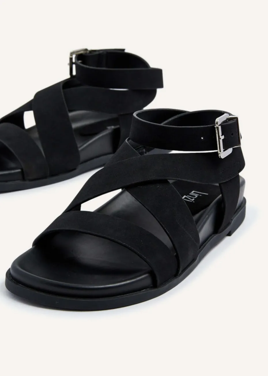 Linzi Kay Black Faux Suede Footbed Wrap Around Sandal