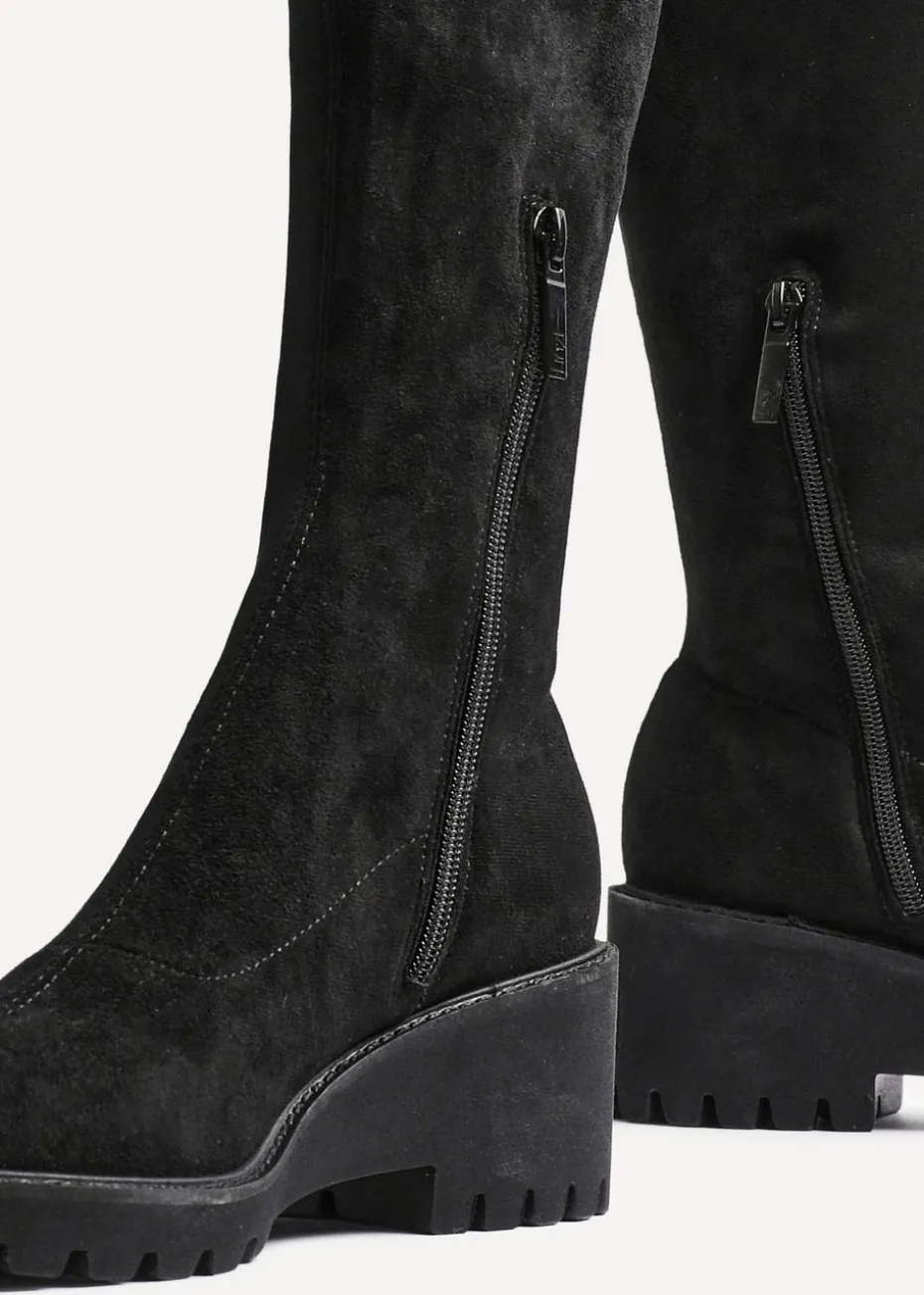 Linzi Kortina Black Faux Suede Wedge Knee High Boot