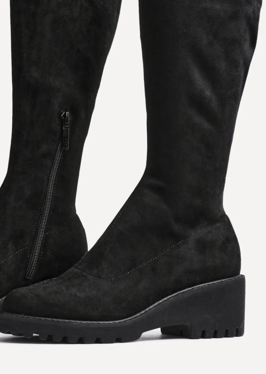 Linzi Kortina Black Faux Suede Wedge Knee High Boot