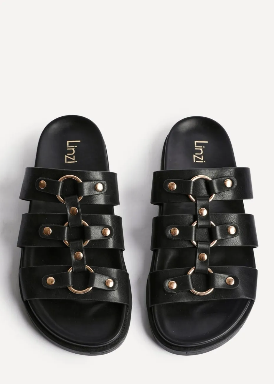 Linzi Marcia Black Faux Leather Studded Gladiator Slip On Sandals