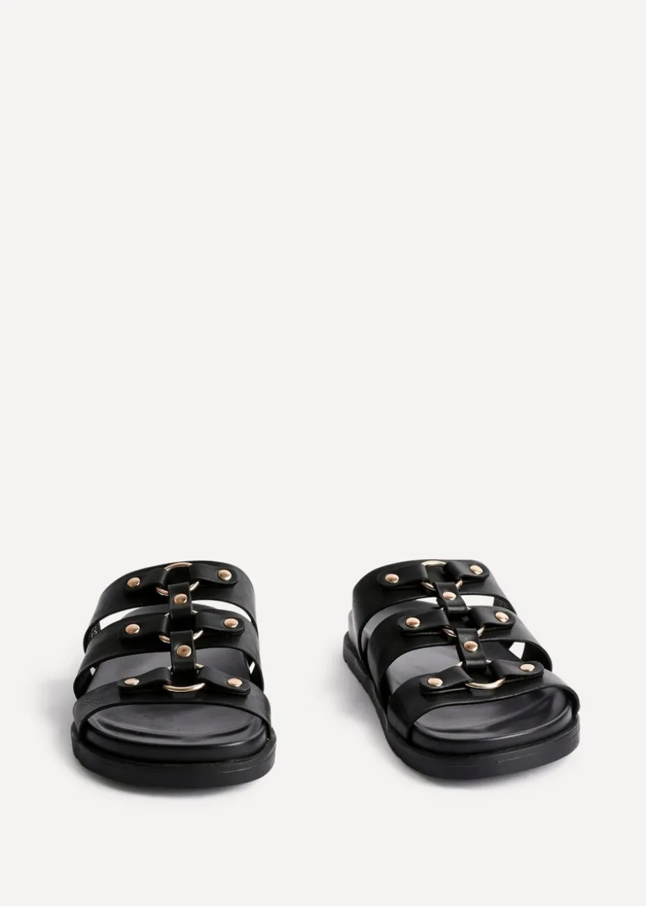 Linzi Marcia Black Faux Leather Studded Gladiator Slip On Sandals