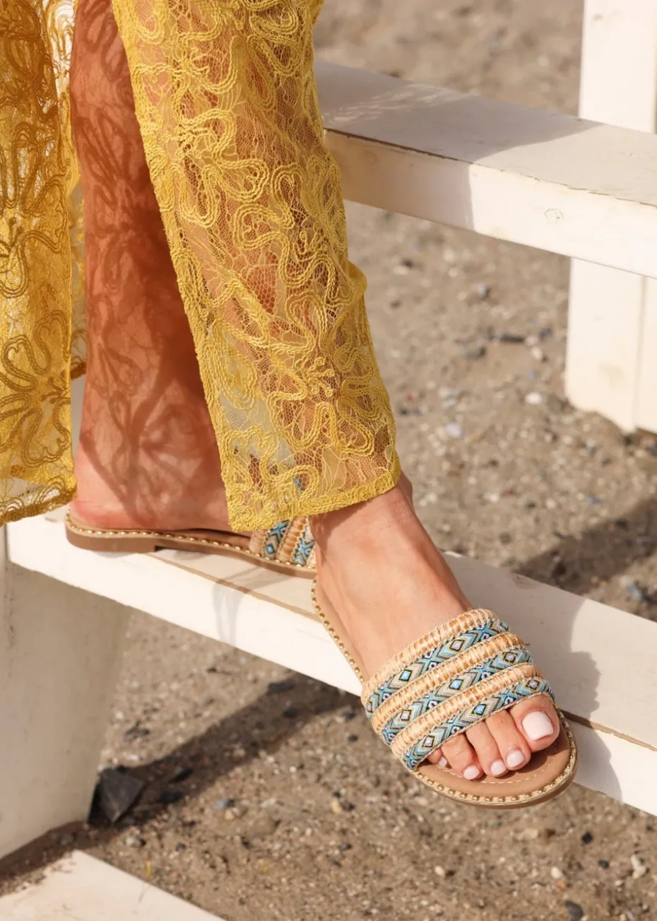 Linzi Mariana Blue Bohemian Inspired Flat Slider Sandal