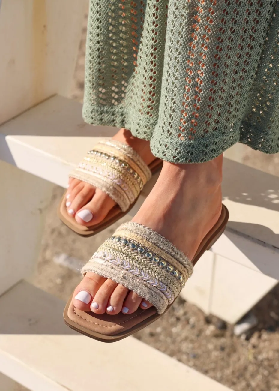 Linzi Mariel Natural Woven Embellished Flat Sandals