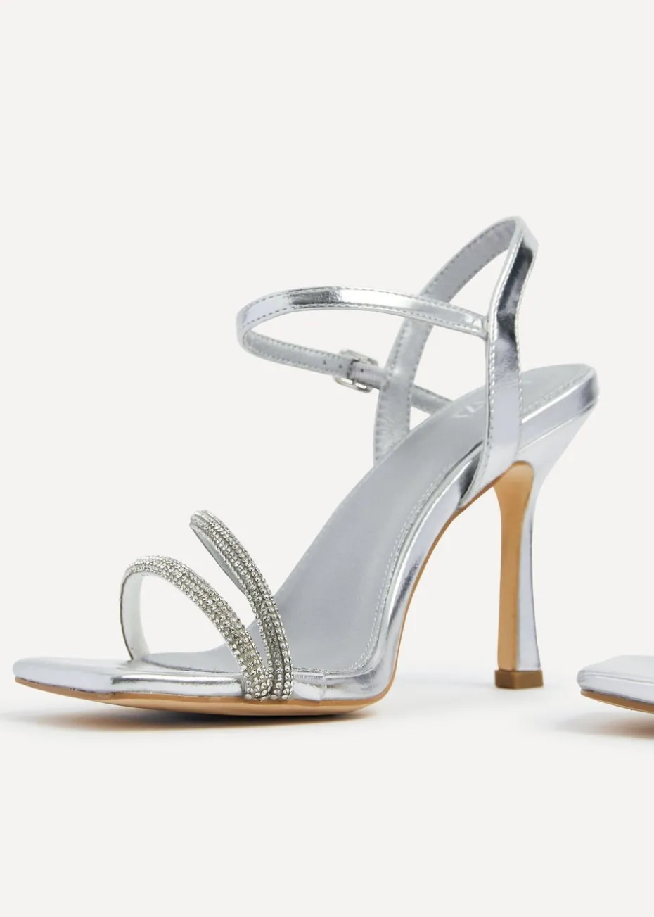 Linzi Mesmerize Silver Faux Leather Square Toe Diamonte Embellished Heel