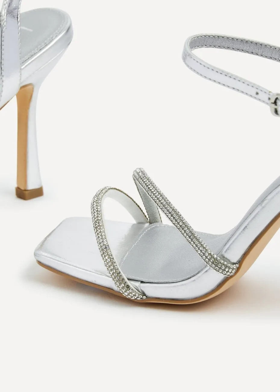 Linzi Mesmerize Silver Faux Leather Square Toe Diamonte Embellished Heel