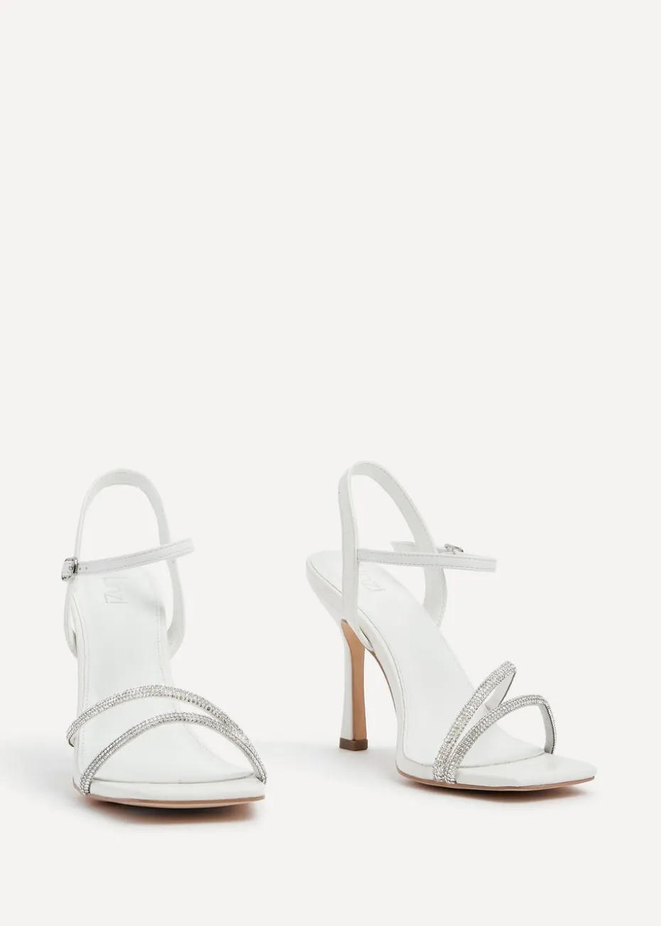 Linzi Mesmerize White Faux Leather Square Toe Diamonte Embellished Heel