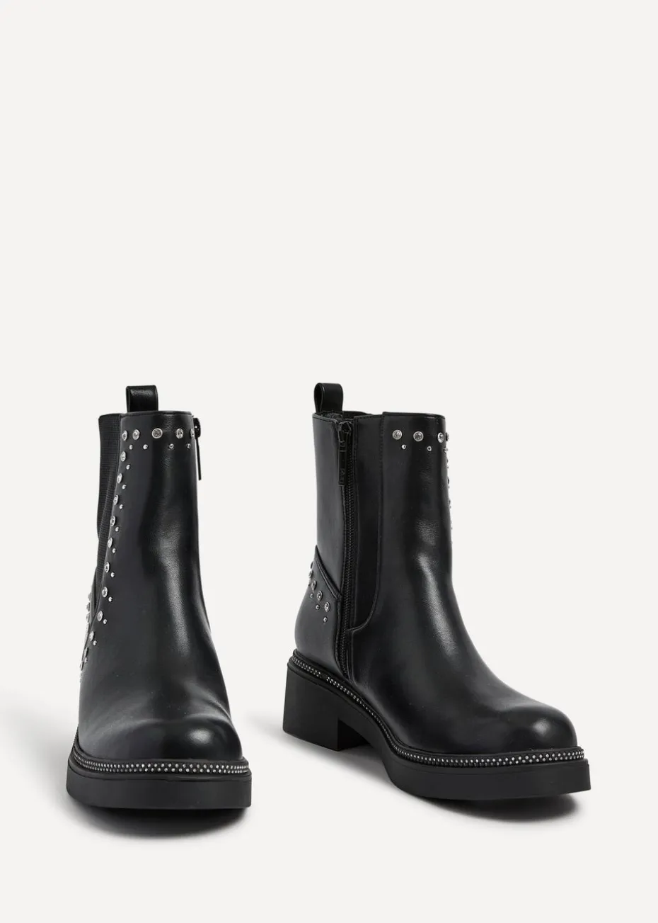 Linzi Optic Black Faux Leather Diamante Embellished Chelsea Boot