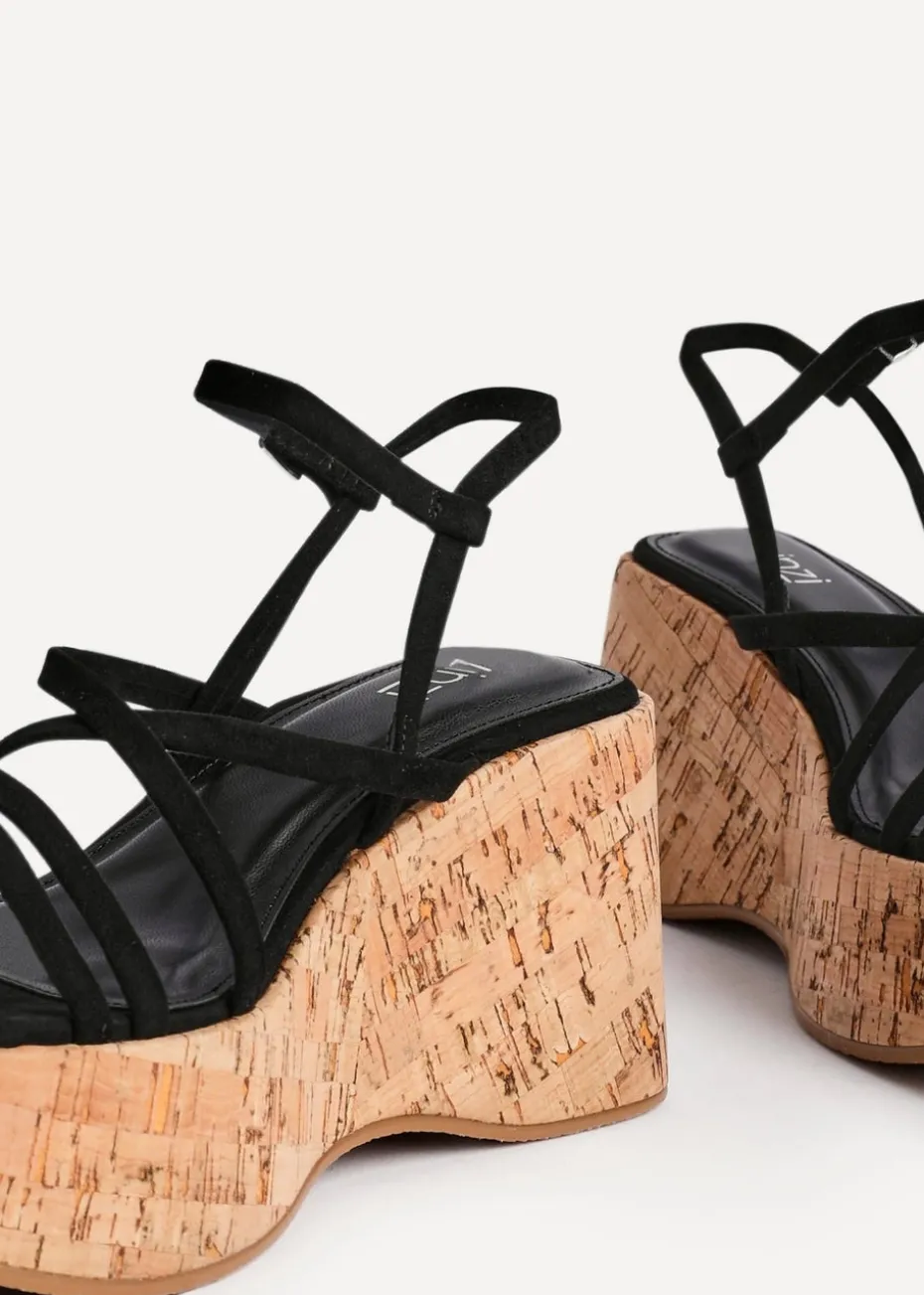 Linzi Orbit Black Faux Suede Strappy Cork Flatform Sandal