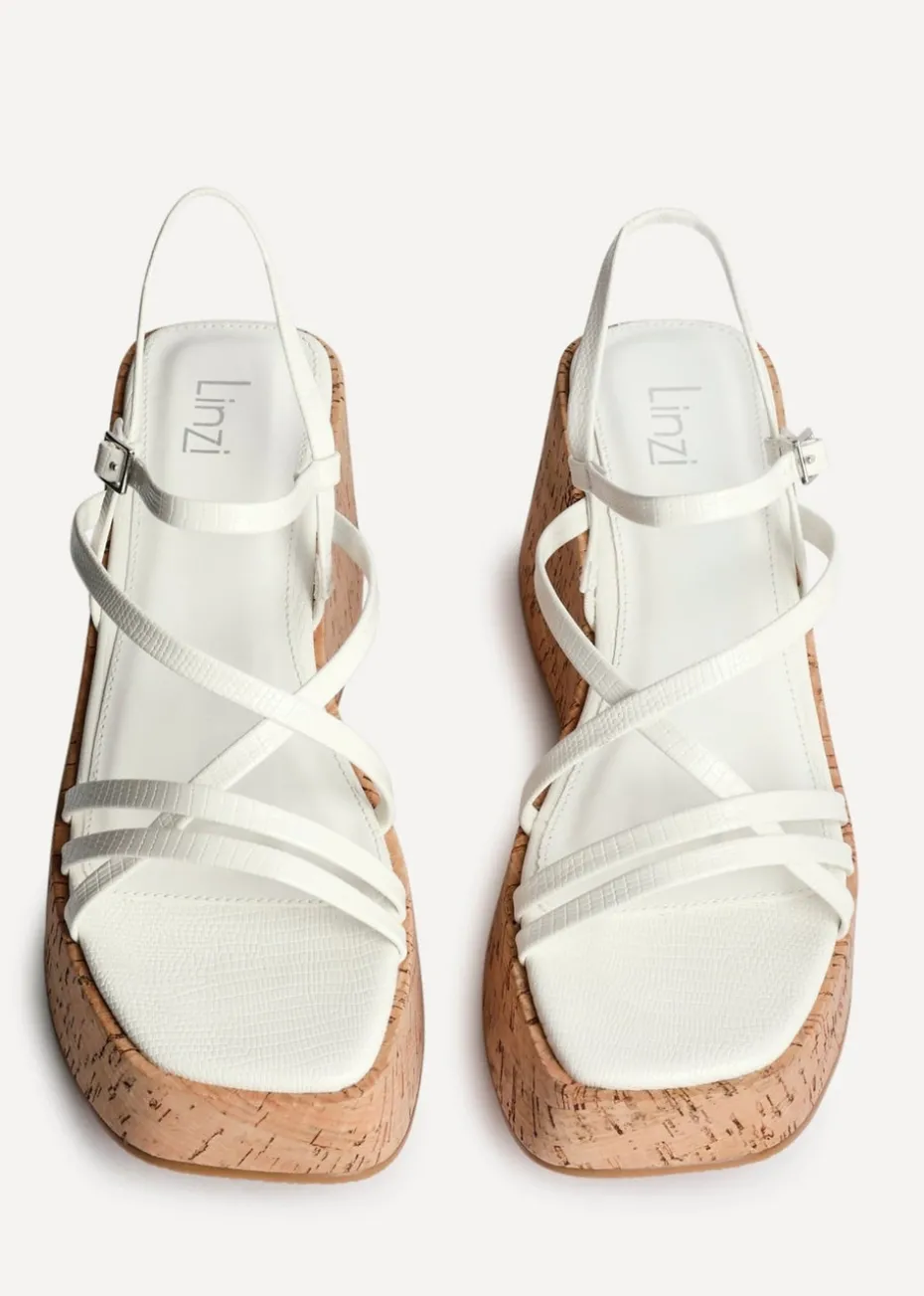 Linzi Orbit White Faux Lizard Strappy Cork Flatform Sandal