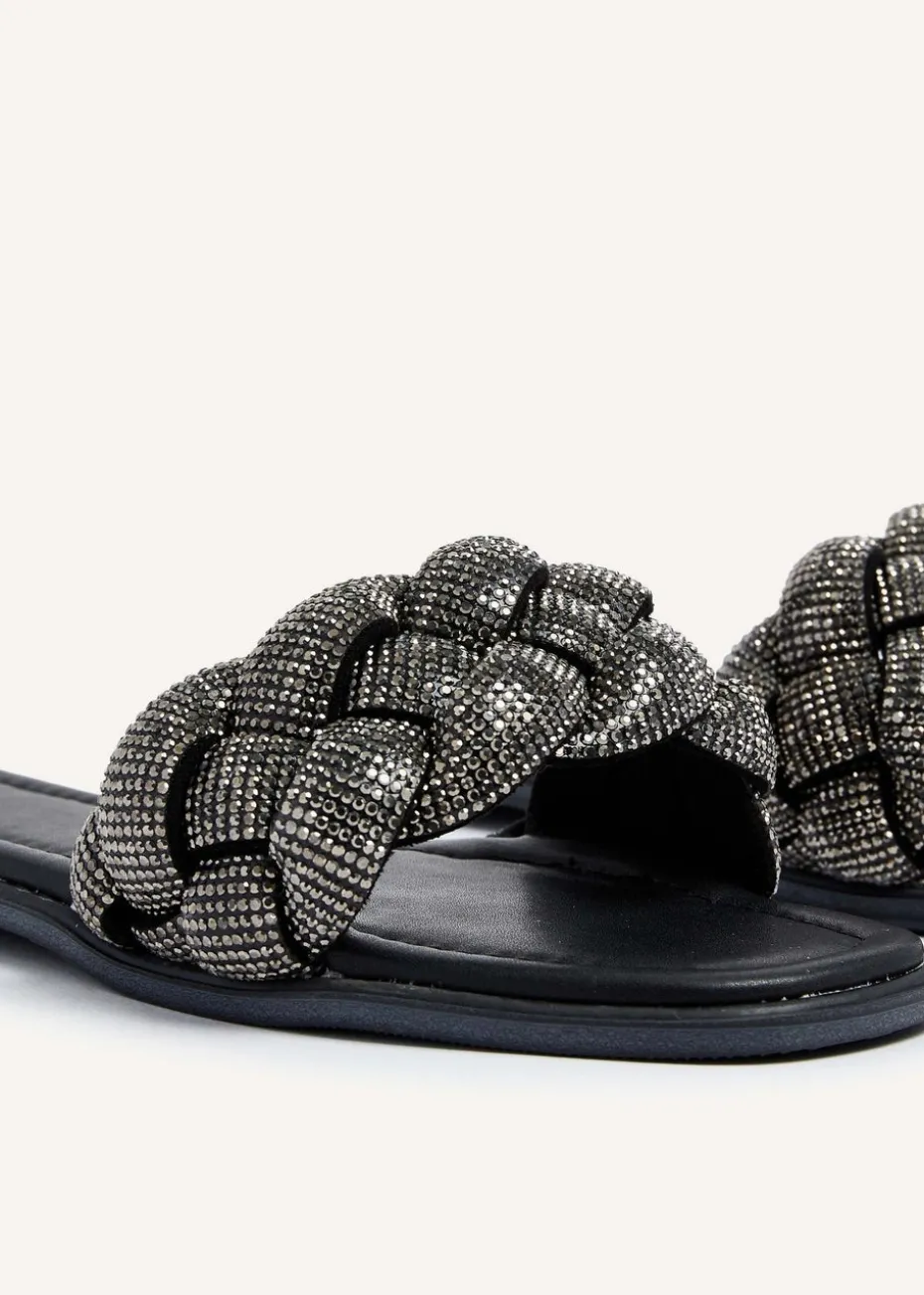 Linzi Pandora Black Diamante Plaited Slider Sandal
