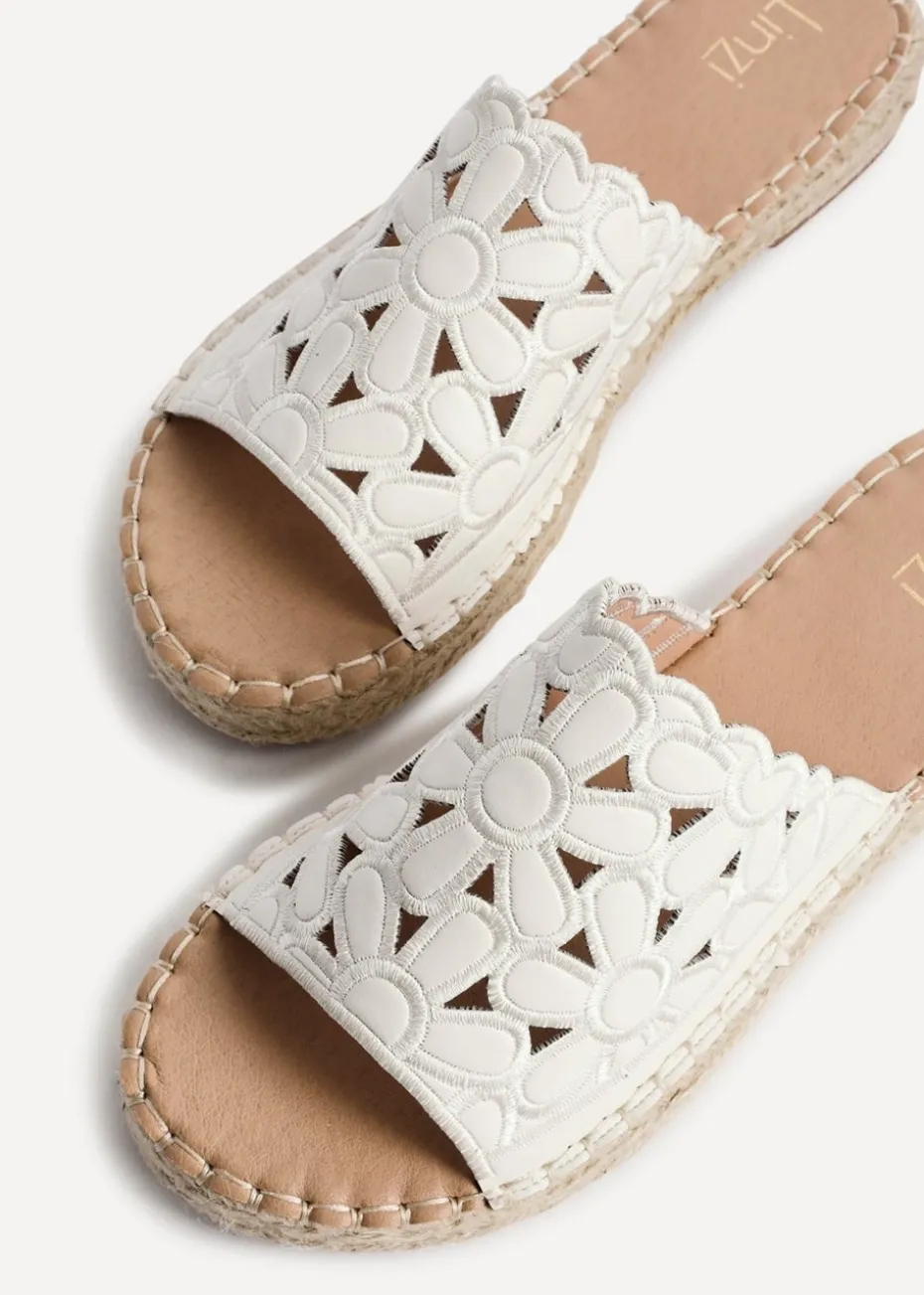 Linzi Parade White Faux Leather Floral Espadrille Flatform Slider