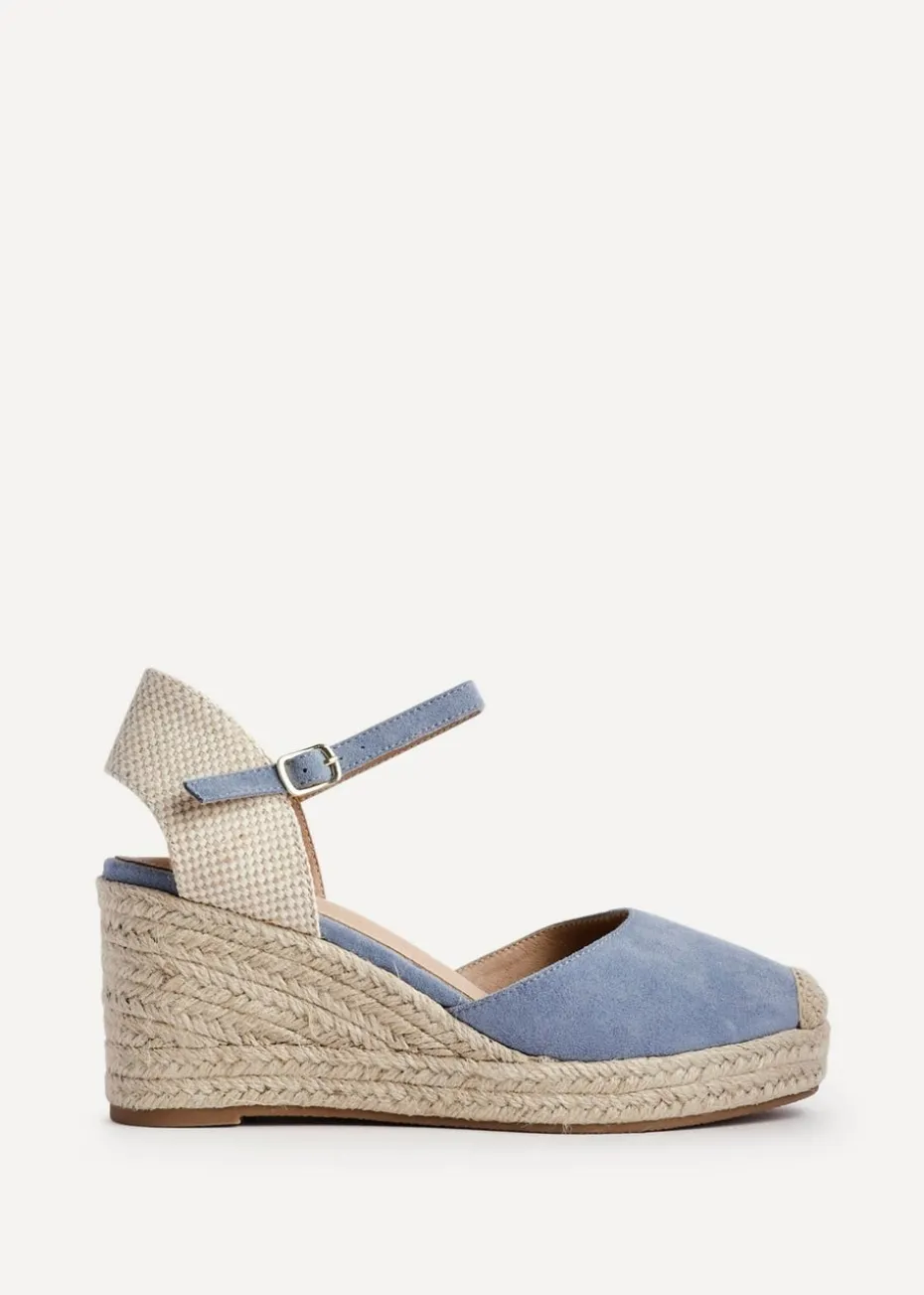 Linzi Present Blue Faux Suede Closed Toe And Open Back Espadrille Wedge