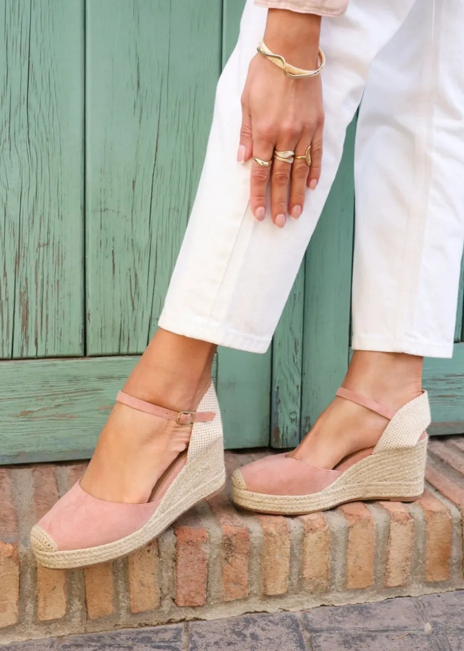 Linzi Present Dusky Pink Faux Suede Closed Toe And Open Back Espadrille Wedge