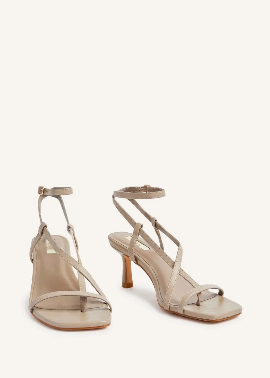 Linzi Roxanne Mocha Faux Leather Toe-Post Strappy Heeled Sandals