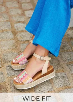 Linzi Sahara Wide Fit Multi Coloured Raffia Flatform Sandal