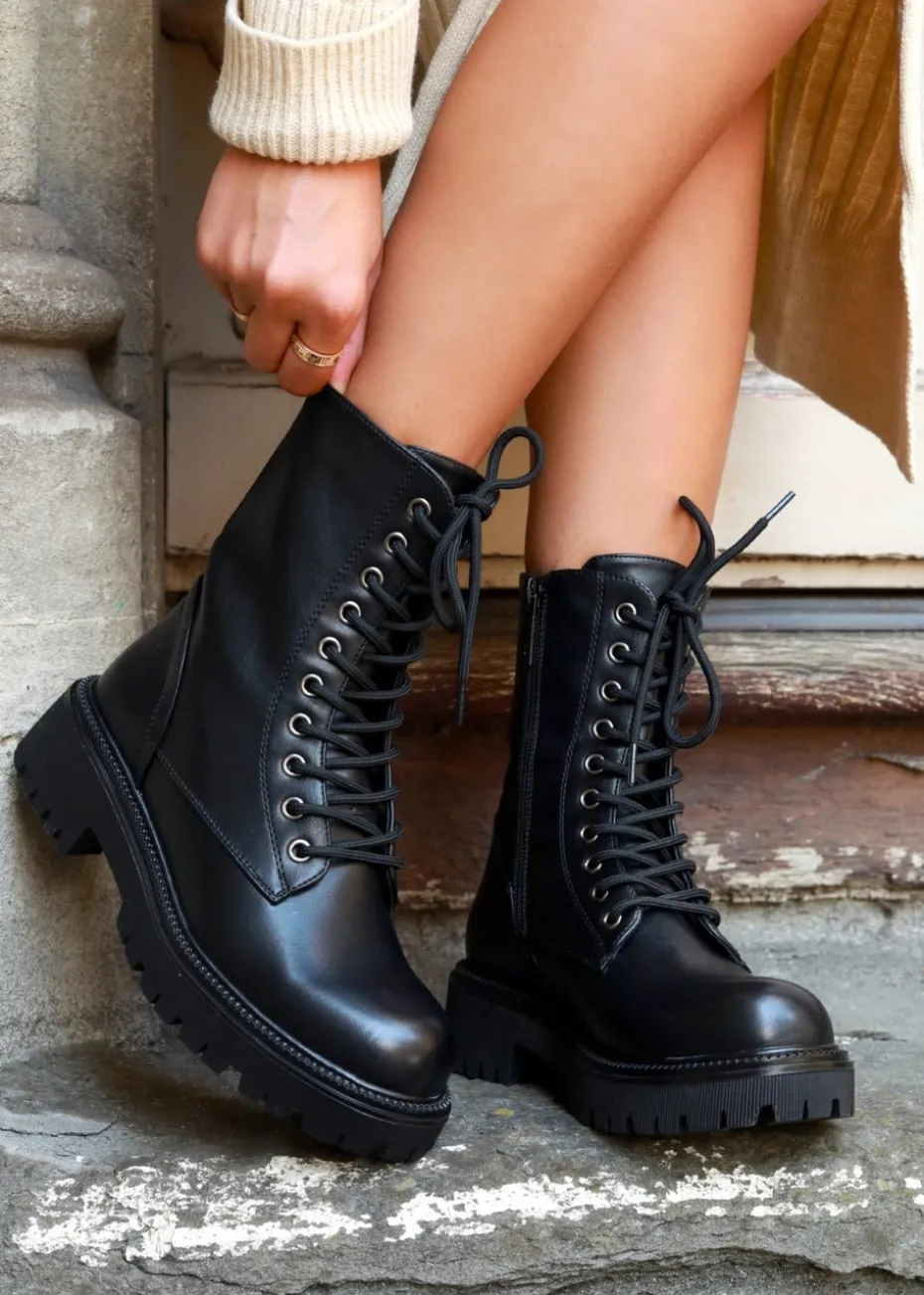 Linzi Samurai Black Faux Leather Lace Up Military Boot