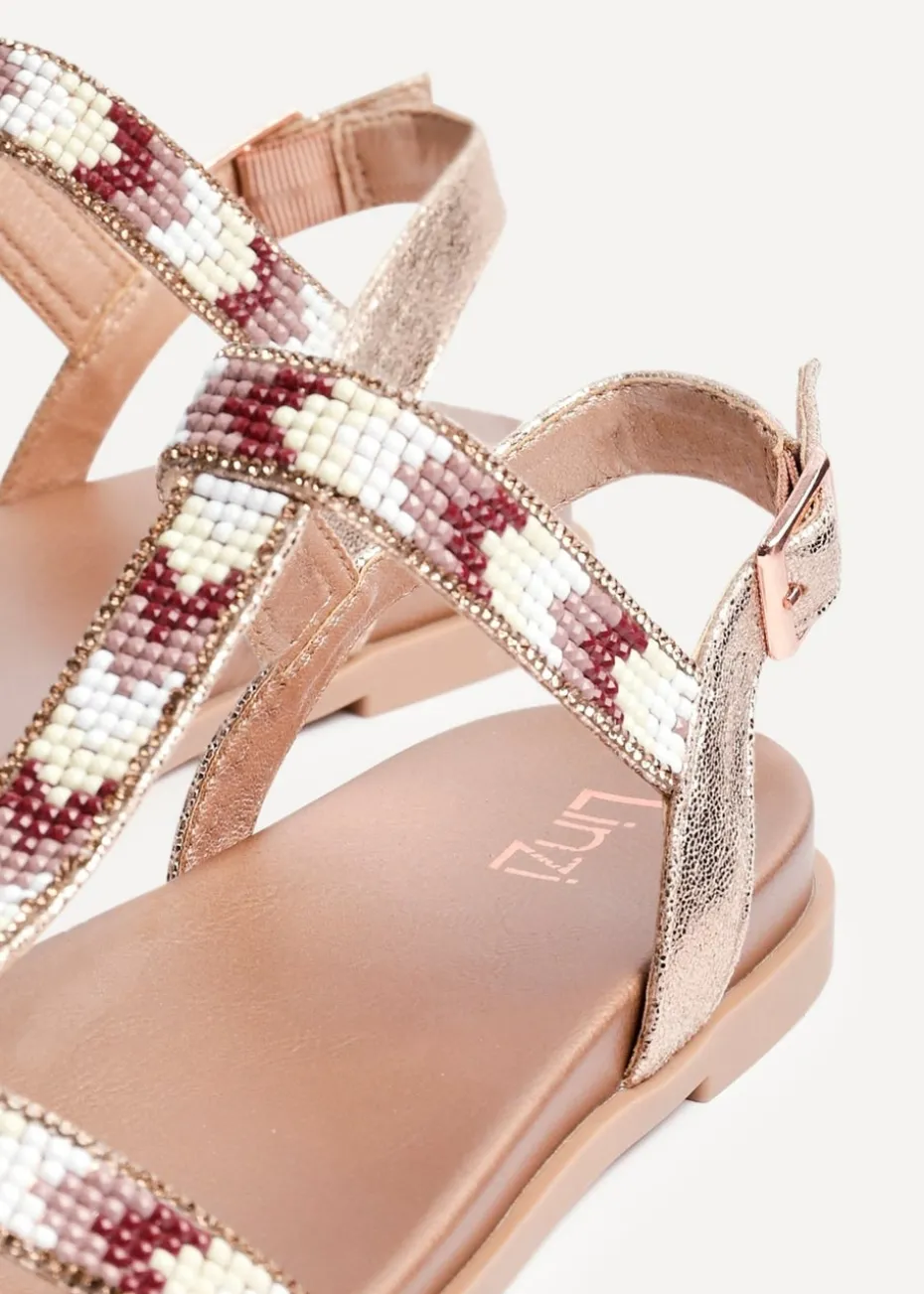 Linzi Sandie Pink Faux Leather T Bar Embellished Flat Sandals