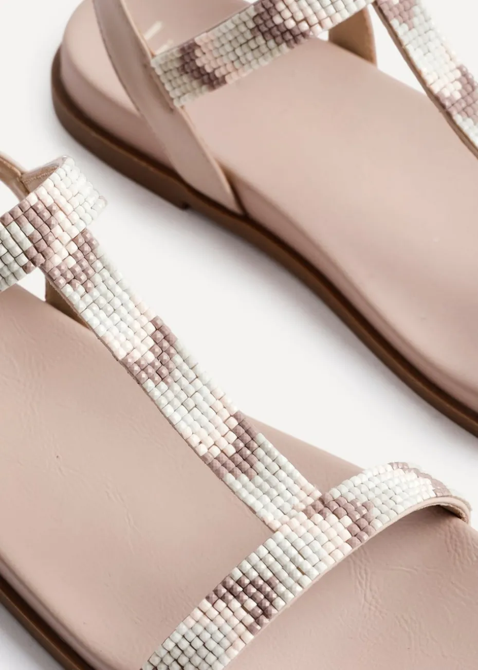 Linzi Sandie Taupe Faux Leather T Bar Embellished Flat Sandals