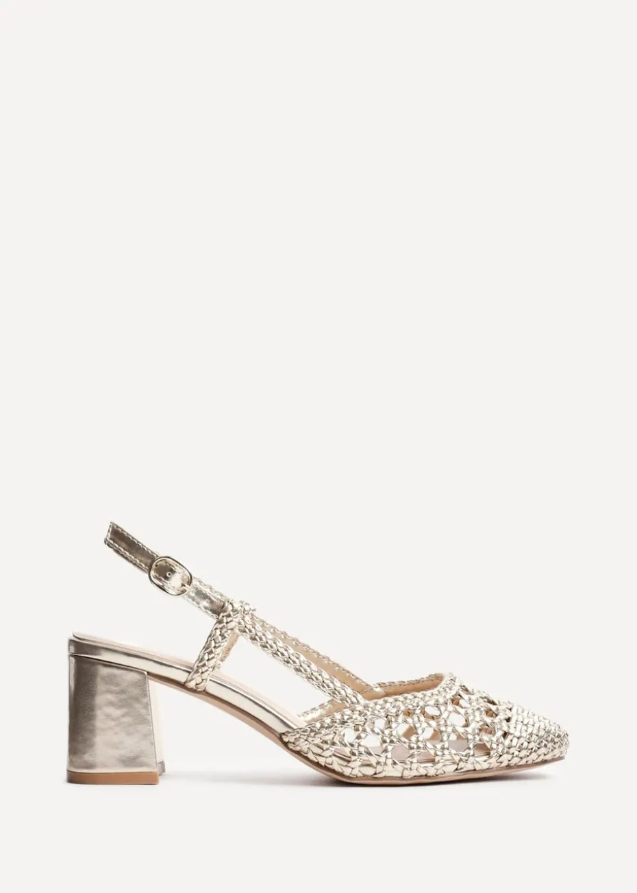 Linzi Sandria Gold Faux Leather Hand Woven Court Heels