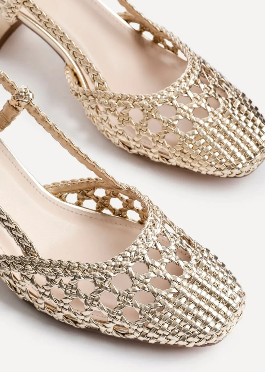 Linzi Sandria Gold Faux Leather Hand Woven Court Heels