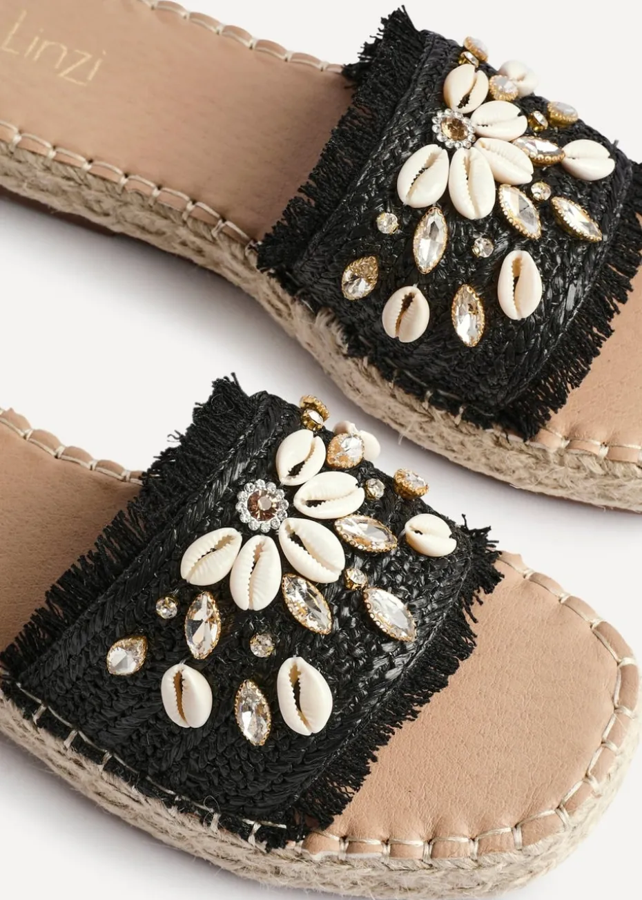 Linzi Seaside Black Raffia Shell Embellished Flat Slider