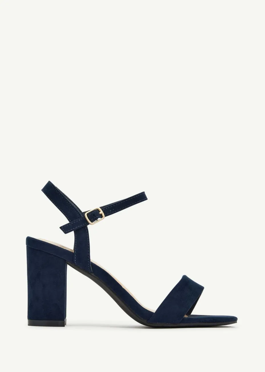 Linzi Skyline Navy Faux Suede Open Back Barely There Block Heeled Sandal