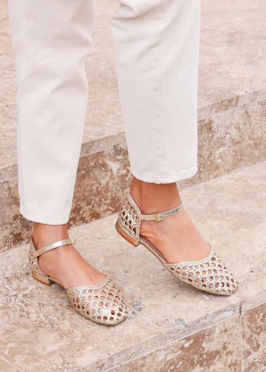 Linzi Suki Gold Faux Leather Woven Two Part Sandals