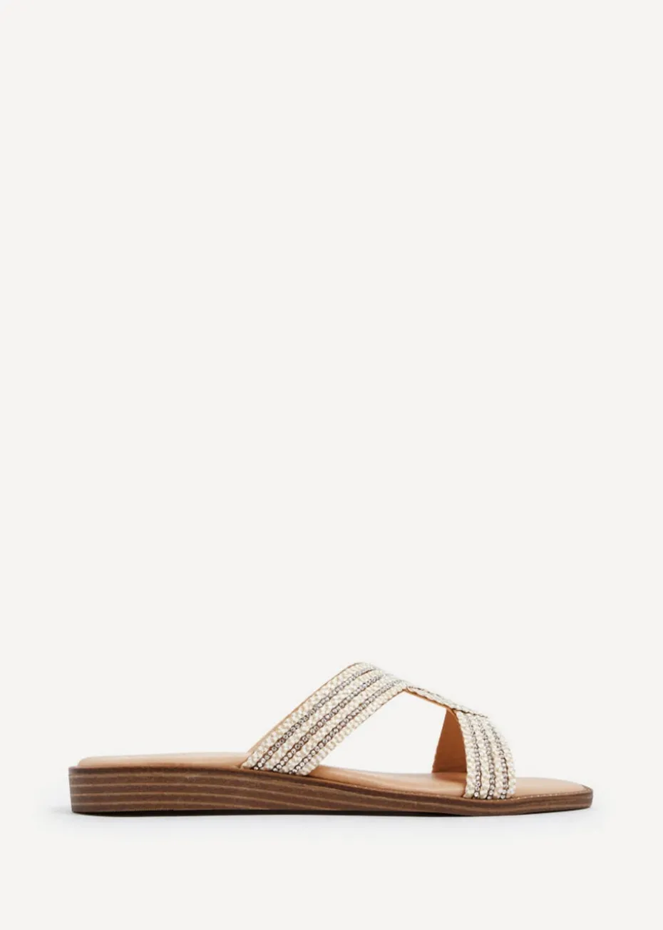 Linzi Vella Neutral Embellished Knitted Slip On Low Wedge Slider