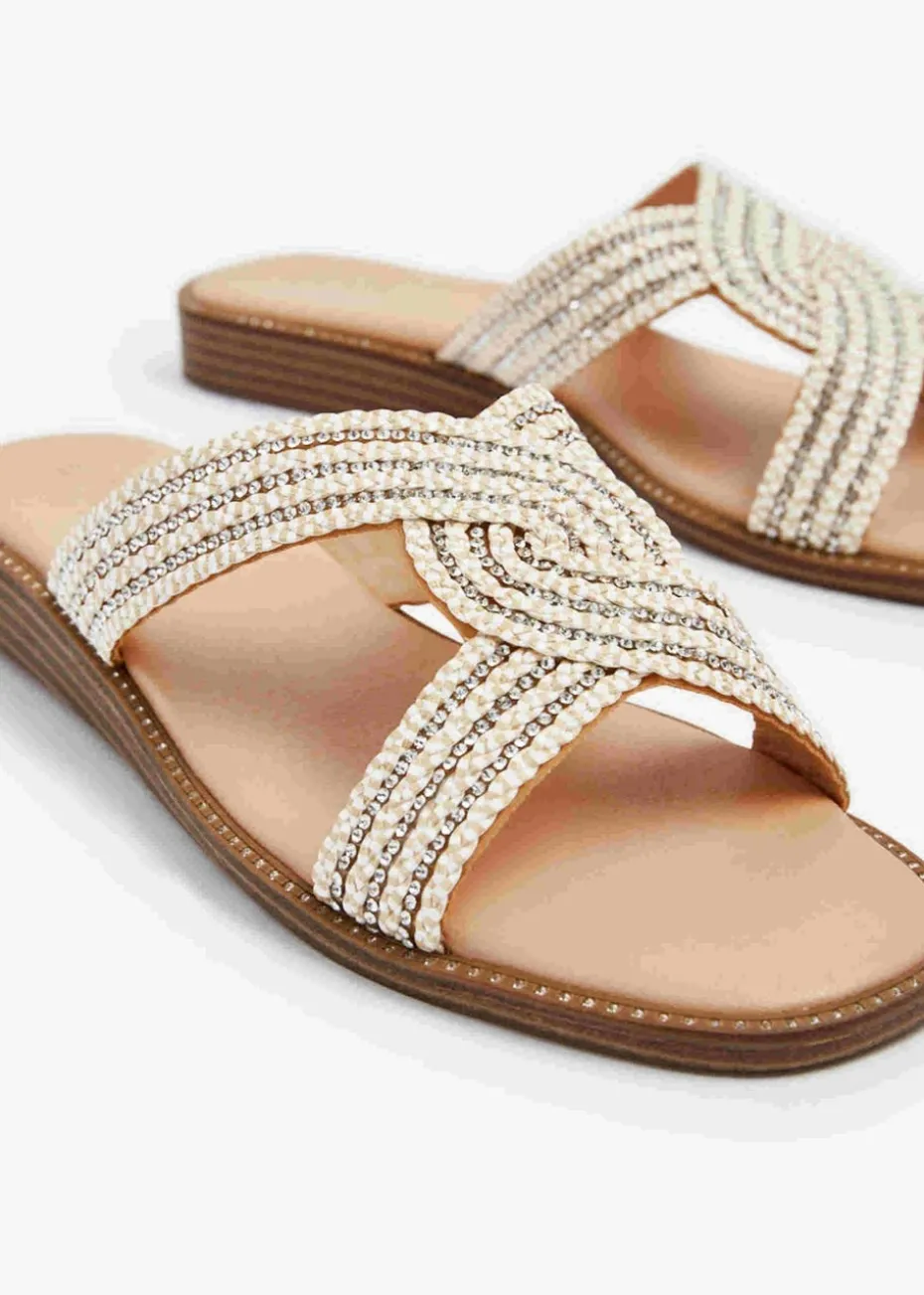 Linzi Vella Neutral Embellished Knitted Slip On Low Wedge Slider