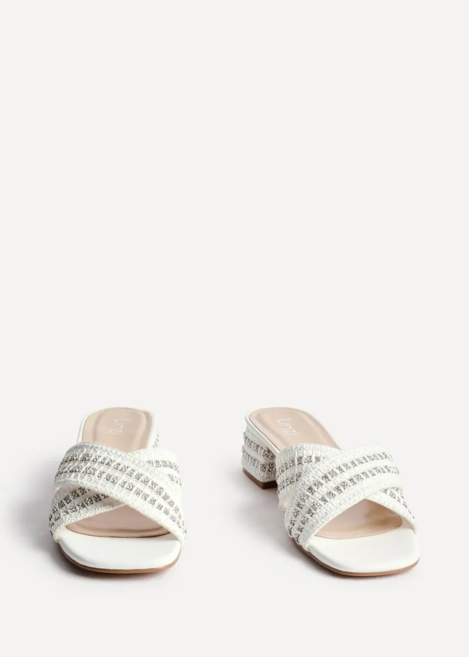 Linzi Zadie White Raffia Embellished Block Heel Mule Sandal