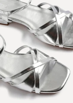 Linzi Zenna Silver Faux Leather Strappy Low Block Heeled Sandals