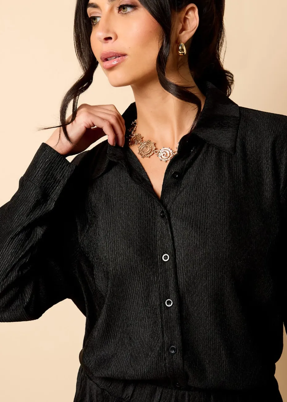 Little Mistress Black Co Ord Plisse Shirt by Vicky Pattison